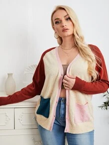 SHEIN LUNE Plus Colour Block Button Up Cardigan - Multicolor - View 3