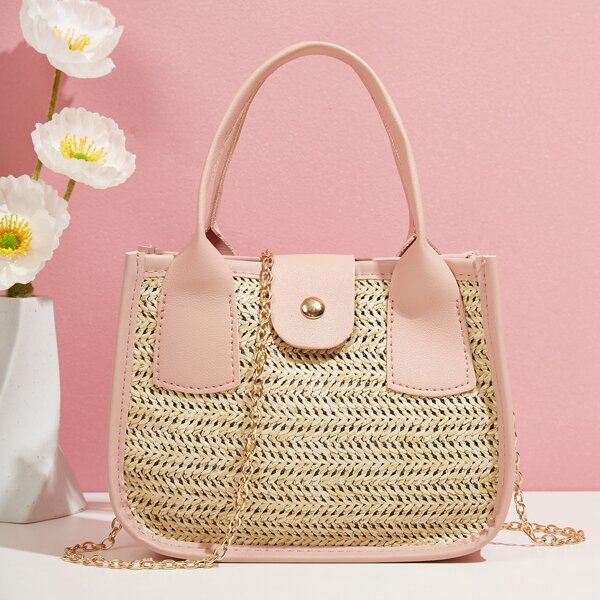

Contrast Binding Straw Bag, Pink