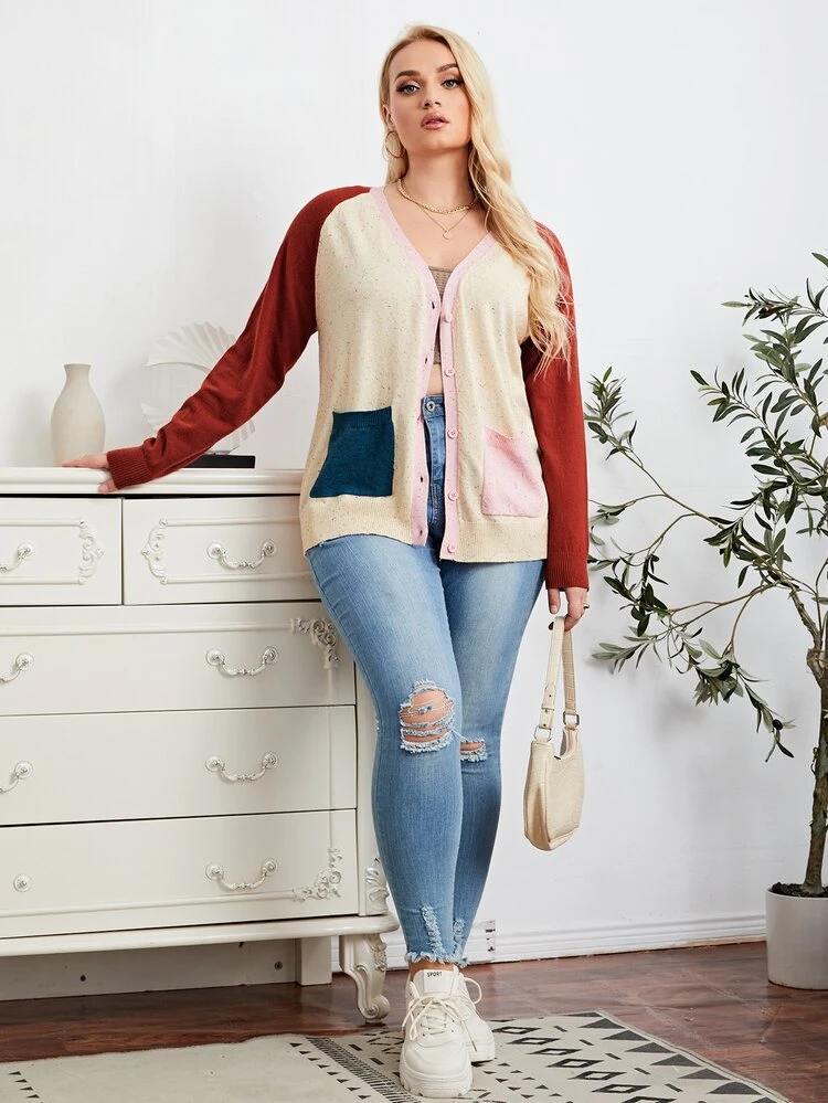 Plus Color Block Button Up Cardigan