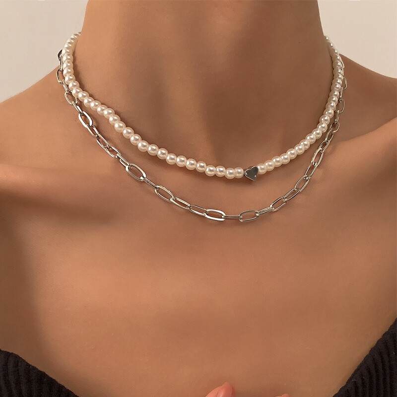 

2pcs Heart Beaded Necklace, Silver