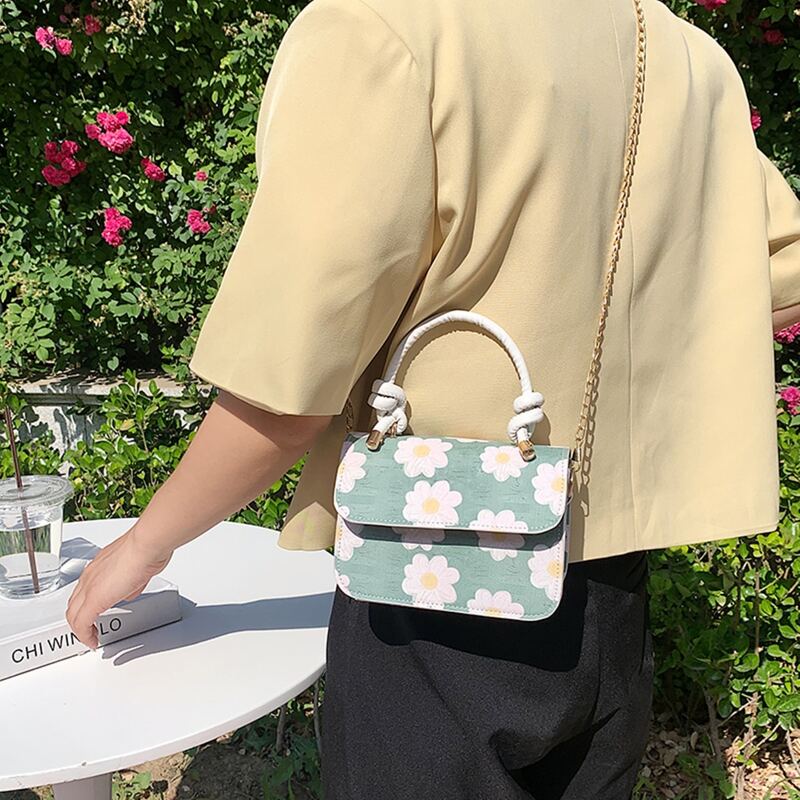 

Floral Pattern Flap Satchel Bag, Green