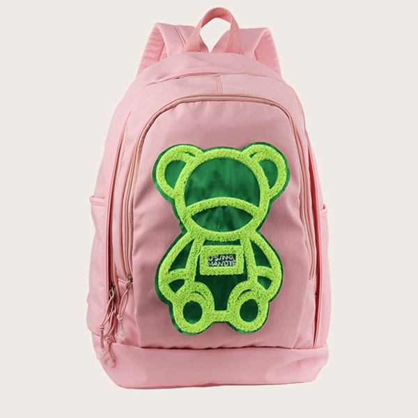 

Colorblock Cartoon Appliques Large Capacity Backpack, Pink