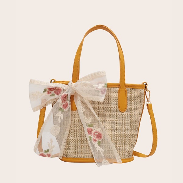 

Bow Decor Straw Design Shoulder Bag, Khaki