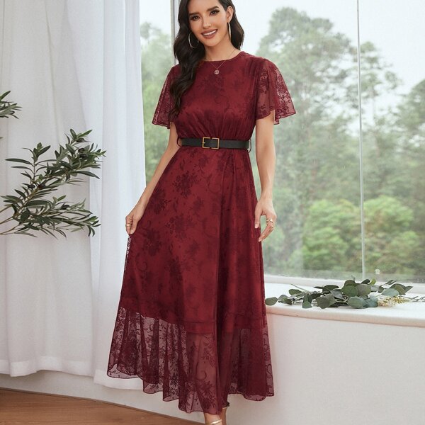

Flutter Sleeve Belted Ruffle Hem Maxi Prom Dress, Burgundy