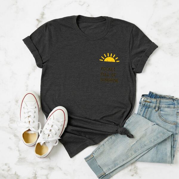 

Plus Sun & Slogan Print Round Neck Tee, Dark grey