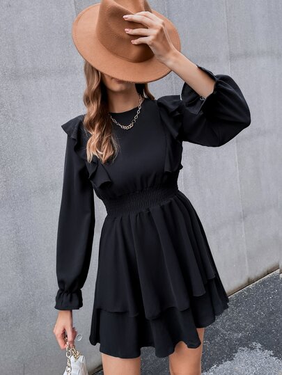 シャーリングウエスト フラウンススリーブ フリルトリム ドレス