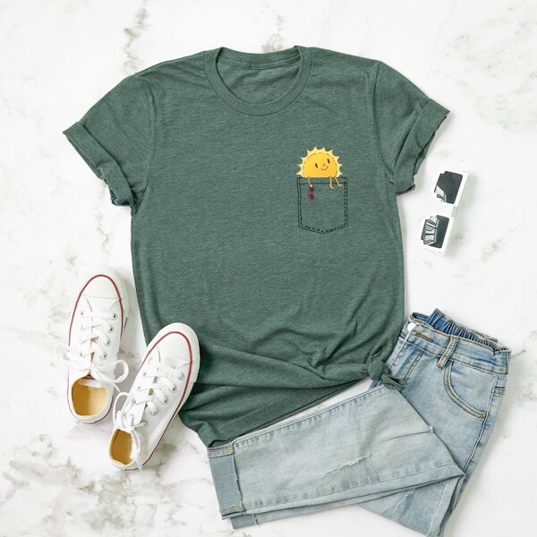 

Plus Cartoon Graphic Round Neck Tee, Army green