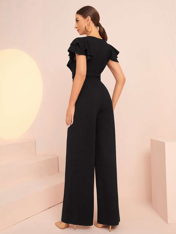SHEIN Modely Ruffle Sleeve Belted Jumpsuit | SHEIN USA