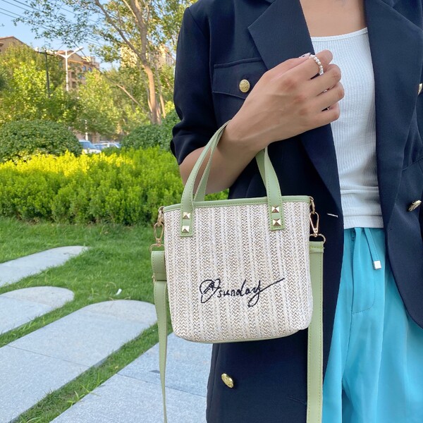 

Contrast Binding Letter Graphic Straw Bag, Beige