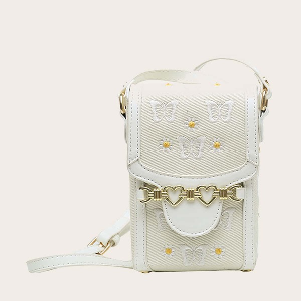

Minimalist Flower & Butterfly Embroidery Flap Square Bag, Beige