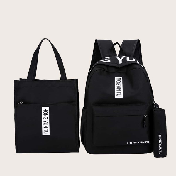 

3pcs Minimalist Letter Graphic Backpack Set, Black