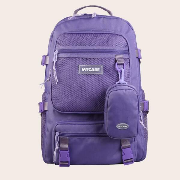 

Minimalist Letter Patch Backpack With Coin Case, Purple