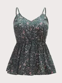 SHEIN Clasi Áo hai dây Plus Size Viên lá sen Họa tiết hoa Boho - Màu xanh lá cây đậm - Xem 1