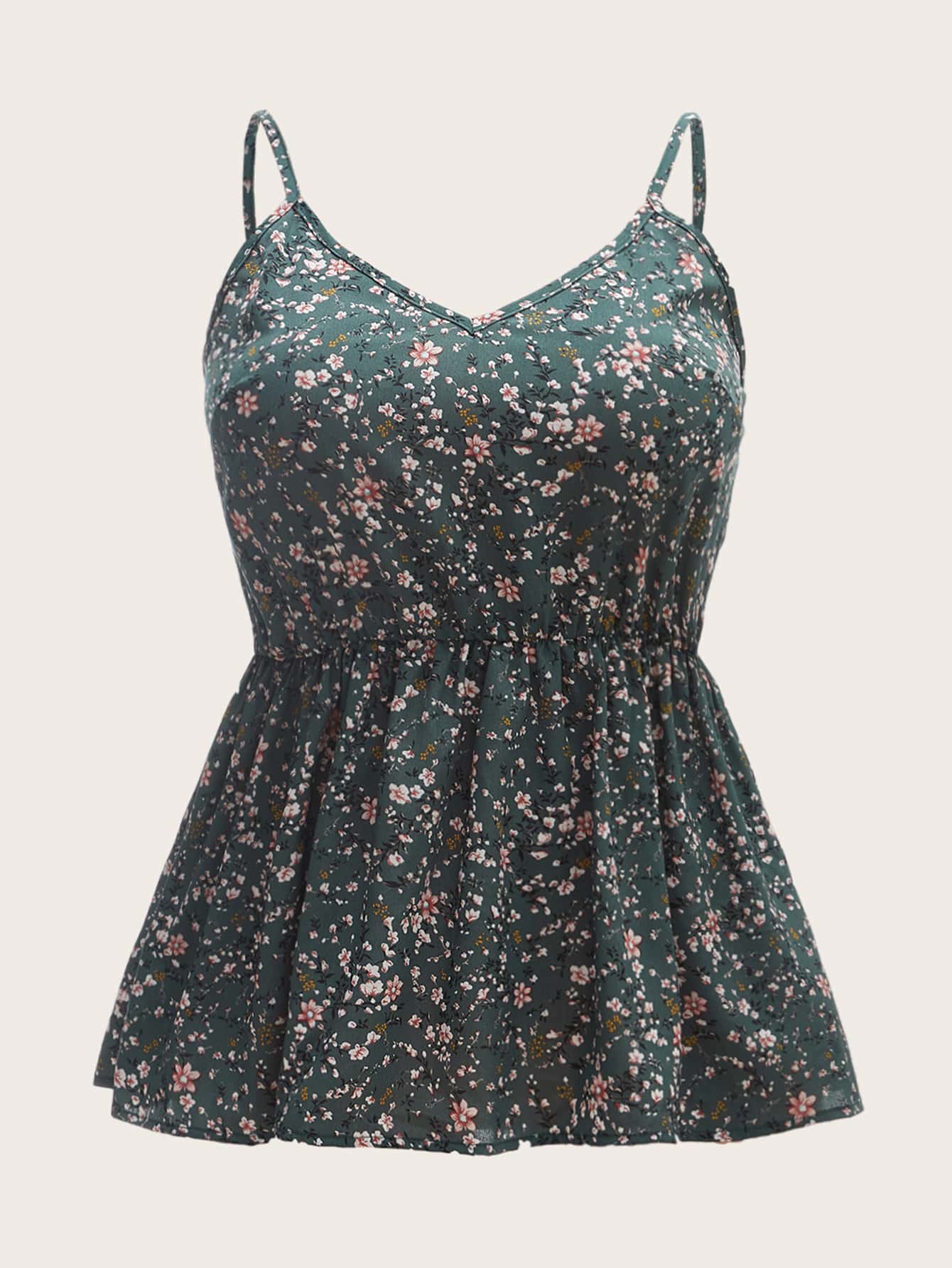 SHEIN Clasi Áo hai dây Plus Size Viên lá sen Họa tiết hoa Boho - Màu xanh lá cây đậm - Xem 1