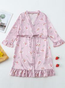 Girls Satin Candy & Slogan Graphic Belted Night Robe - Pink - View 1