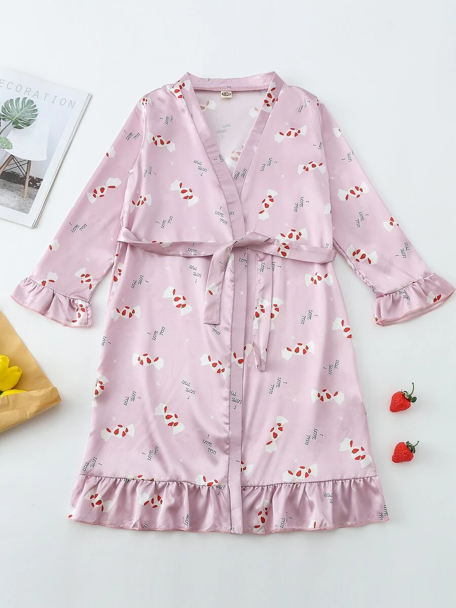 Girls Satin Candy & Slogan Graphic Belted Night Robe - Pink - View 1