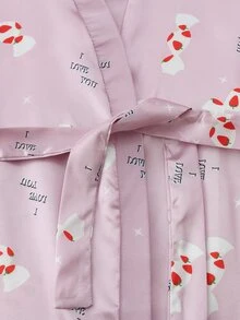 Girls Satin Candy & Slogan Graphic Belted Night Robe - Pink - View 3