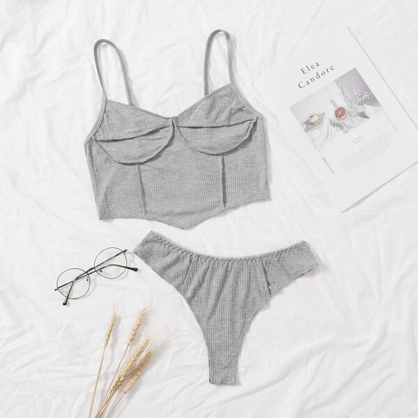 

Solid Rib Longline Lingerie Set, Grey