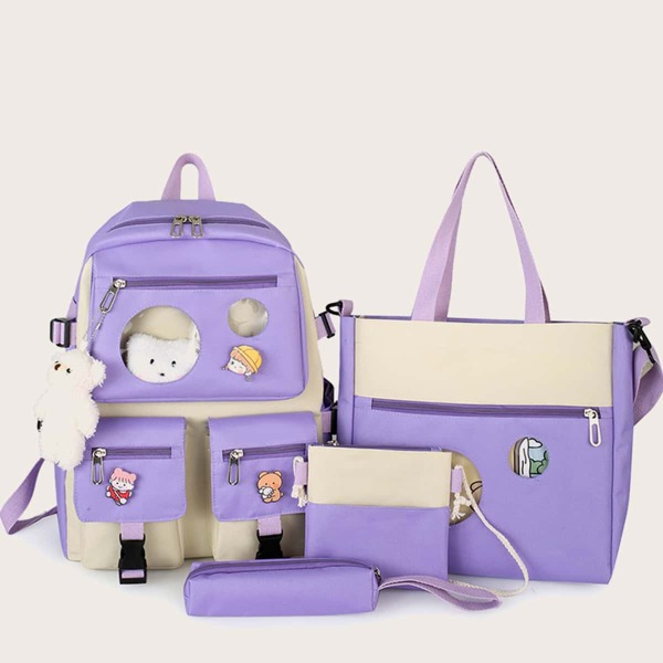 

4pcs Two Tone Backpack Set With Cartoon Bag Charm, Purple