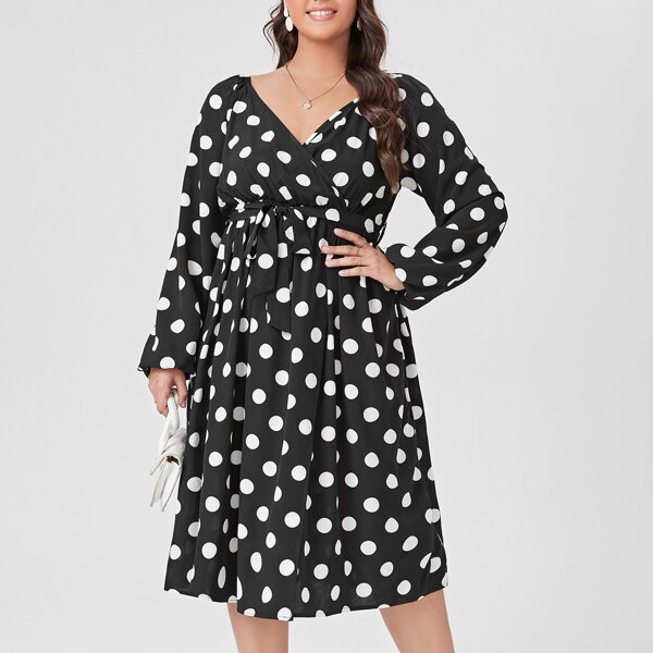

Plus Polka Dot Print Belted Lantern Sleeve Dress, Black and white