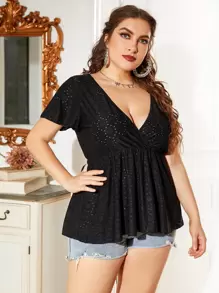 Flirla Áo sơ mi Plus Size Viên lá sen Tranh thêu màu trơn Boho - màu đen - Xem 6