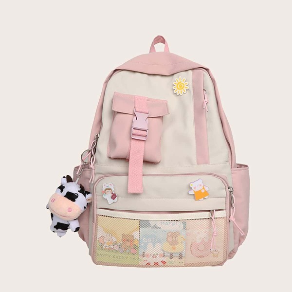 

Two Tone Cartoon Decor Backpack, Pink