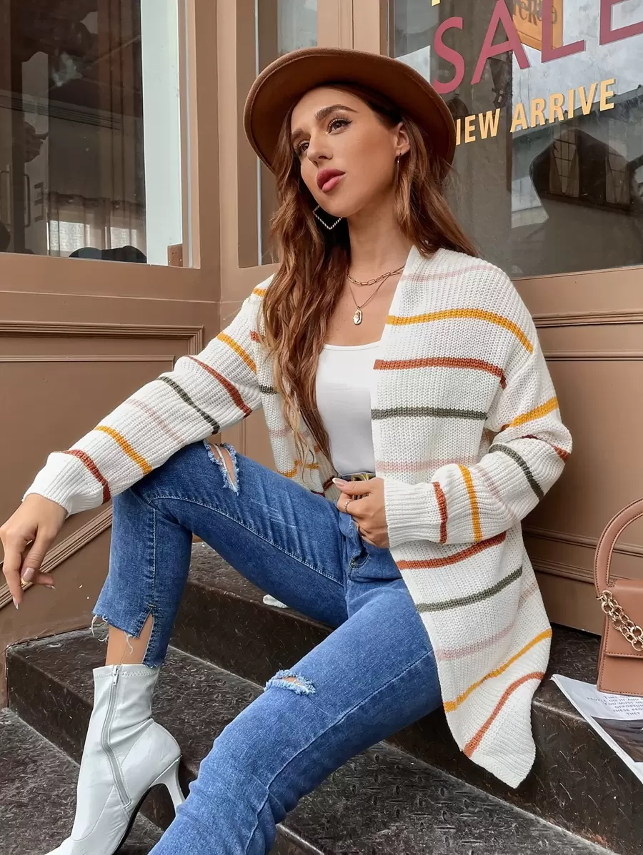 SHEIN LUNE 落肩条纹开衫、长袖上衣 - 彩色 - 查看 1