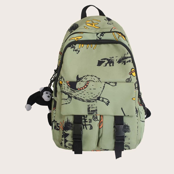 

Cartoon Graphic Buckle Decor Functional Backpack, Green