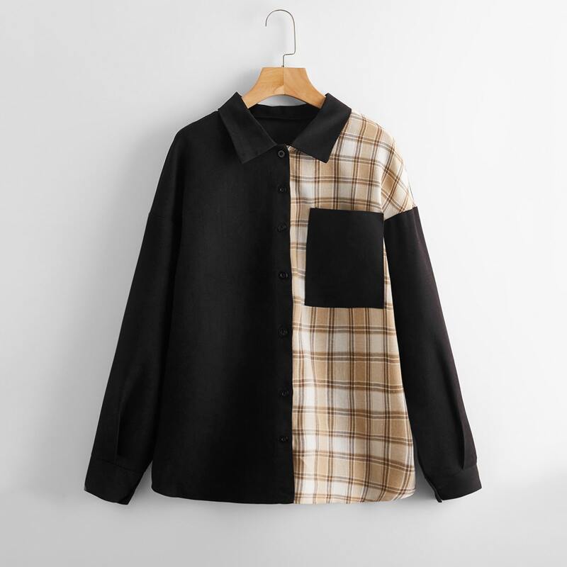 

Plaid Panel Button Front Blouse, Multicolor