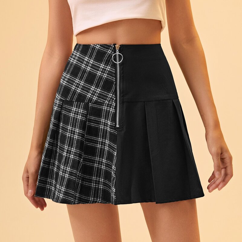 

Contrast Plaid Half Placket Skirt, Black and white