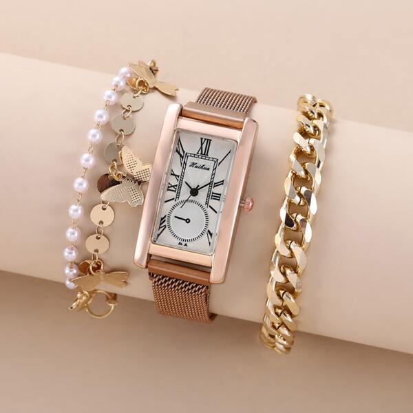 

1pc Mesh Strap Rectangle Pointer Quartz Watch & 2pcs Bracelet