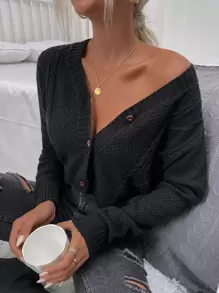 Cable Knit Button Up Cardigan - Black - View 1