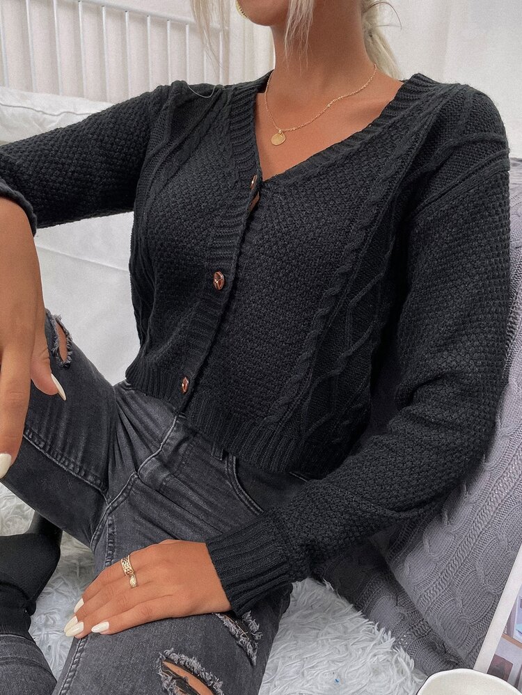 Cable Knit Button Up Cardigan - Black - View 3