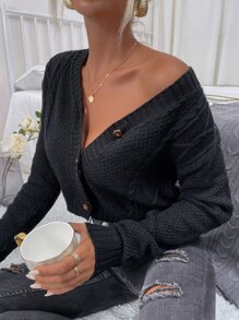 Cable Knit Button Up Cardigan - Black - View 5