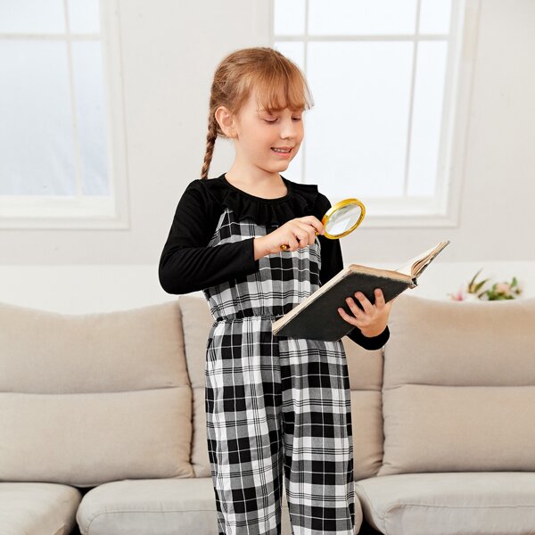 

Girls Ruffle Trim Top & Plaid Cami Jumpsuit, Black and white