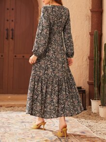 Seusyu Paisley Print Ruffle Hem A-Line Dress Maxi Women Outfit - Multicolor - View 2