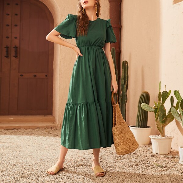 

Ruffle Trim Solid A-line Dress, Dark green