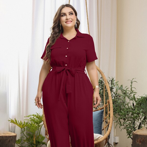 

Plus Solid Pocket Belted Shirt Jumpsuit, Burgundy