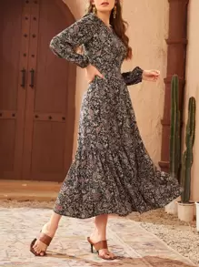 Seusyu Paisley Print Ruffle Hem A-Line Dress Maxi Women Outfit - Multicolor - View 5