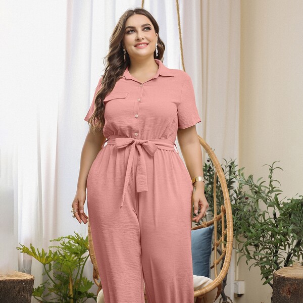 

Plus Solid Pocket Belted Shirt Jumpsuit, Pink