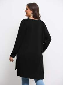 SHEIN LUNE Plus V Neck High Low Split Hem Longline Tee - Black - View 2