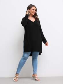 SHEIN LUNE Plus V Neck High Low Split Hem Longline Tee - Black - View 3
