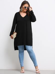 SHEIN LUNE Plus V Neck High Low Split Hem Longline Tee - Black - View 5