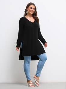 SHEIN LUNE Plus V Neck High Low Split Hem Longline Tee - Black - View 6
