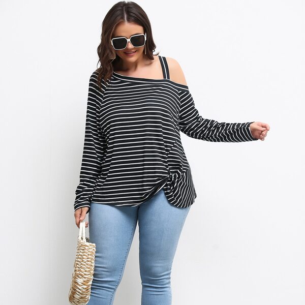 

Plus Striped Asymmetrical Neck Twist Hem Tee, Black and white