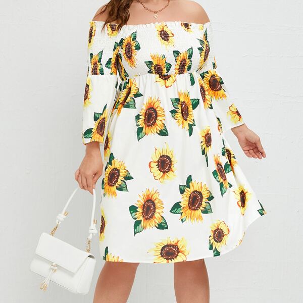 

Plus Sunflower Print Off Shoulder Shirred Dress, White