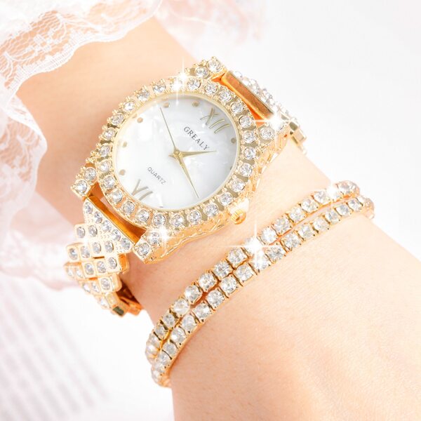 

1pc Rhinestone Decor Round Pointer Quartz Watch & 2pcs Bracelet