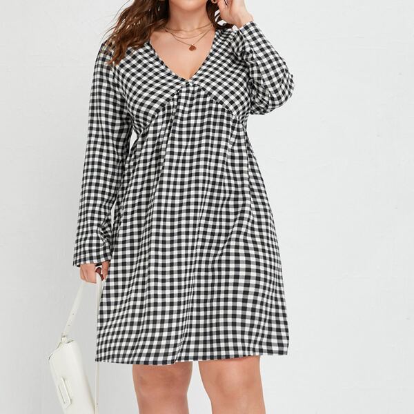 

Plus Gingham Smock Dress, Black and white