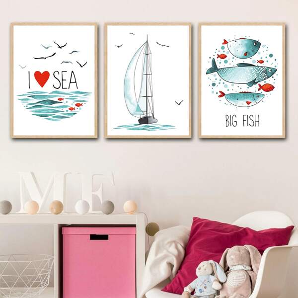 

3pcs Sea & Fish Print Unframed Painting, Multicolor