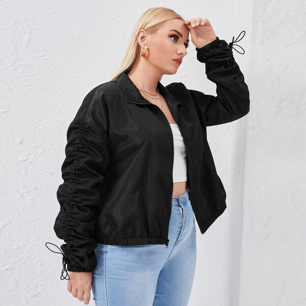 

Plus Ruched Drawstring Sleeve Wind Jacket, Black